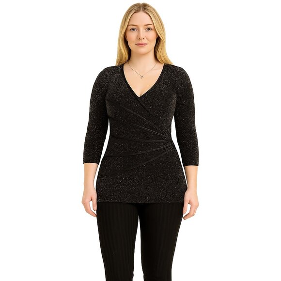 2/$30 connected apparel Black Metallic Faux Wrap Top Fitted Small #A0211 TRB2 - Picture 1 of 7